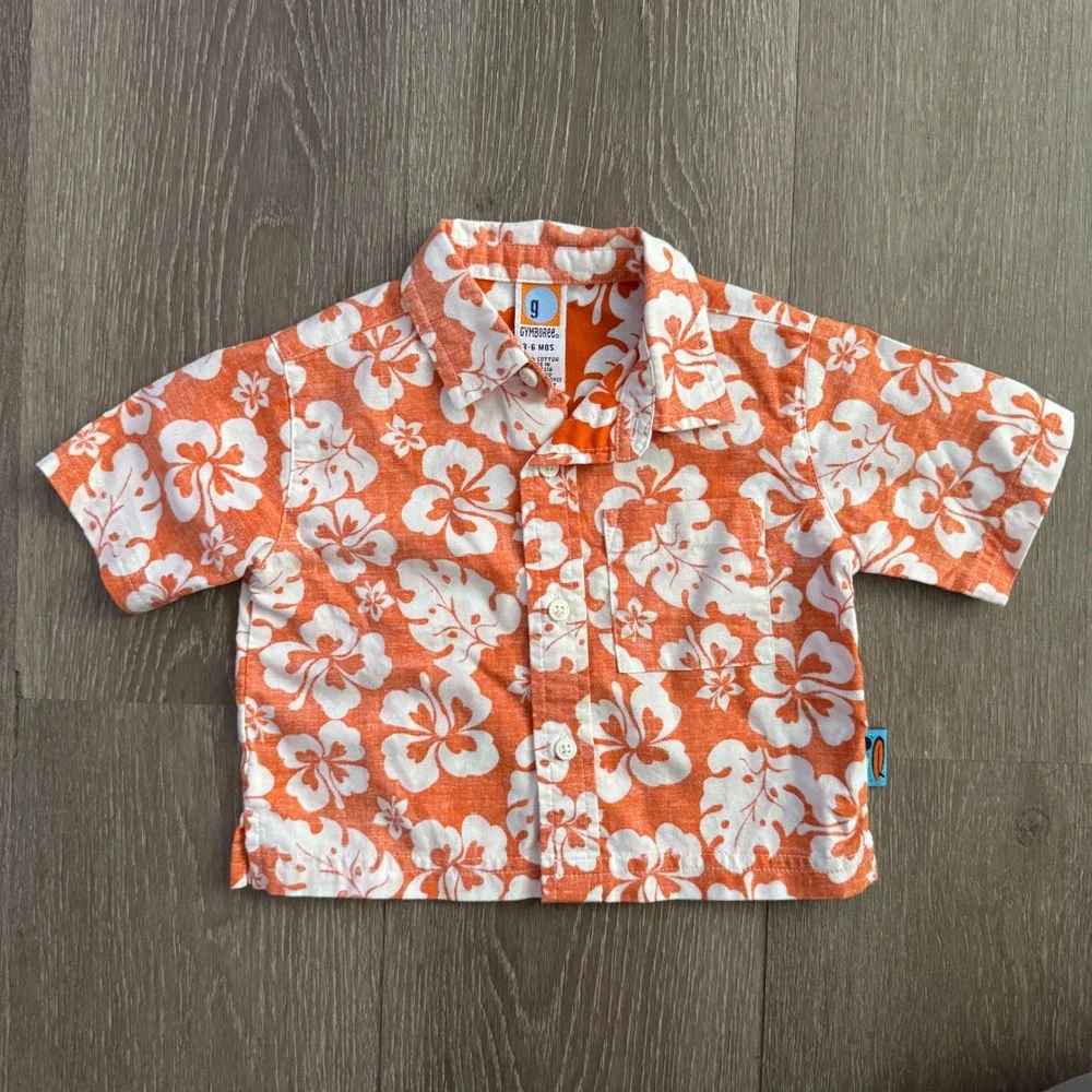 Gymboree Button Down Shirt Kids 3-6 Months Orange Hibiscus Floral Vintage 2001